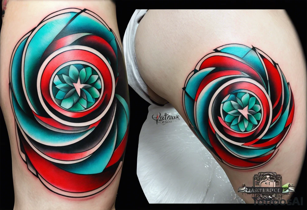 geometric style tattoo on knee with baby blue, red, and green accents. steel helical pier tattoo idea