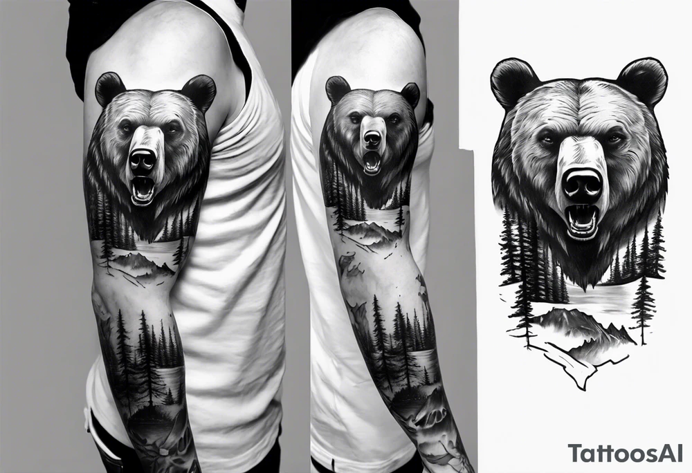 bear head right above the forest line with a lake below, full sleeve tattoo tattoo idea bear head right above the forest line with a lake below, full sleeve tattoo tattoo idea