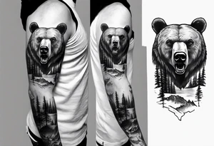 bear head right above the forest line with a lake below, full sleeve tattoo tattoo idea