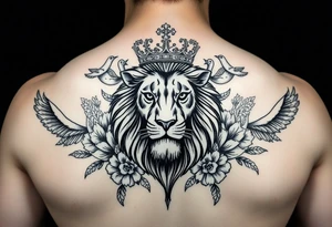 powerful majestic lion with a crown, surrounded by floral ornaments and birds tattoo idea