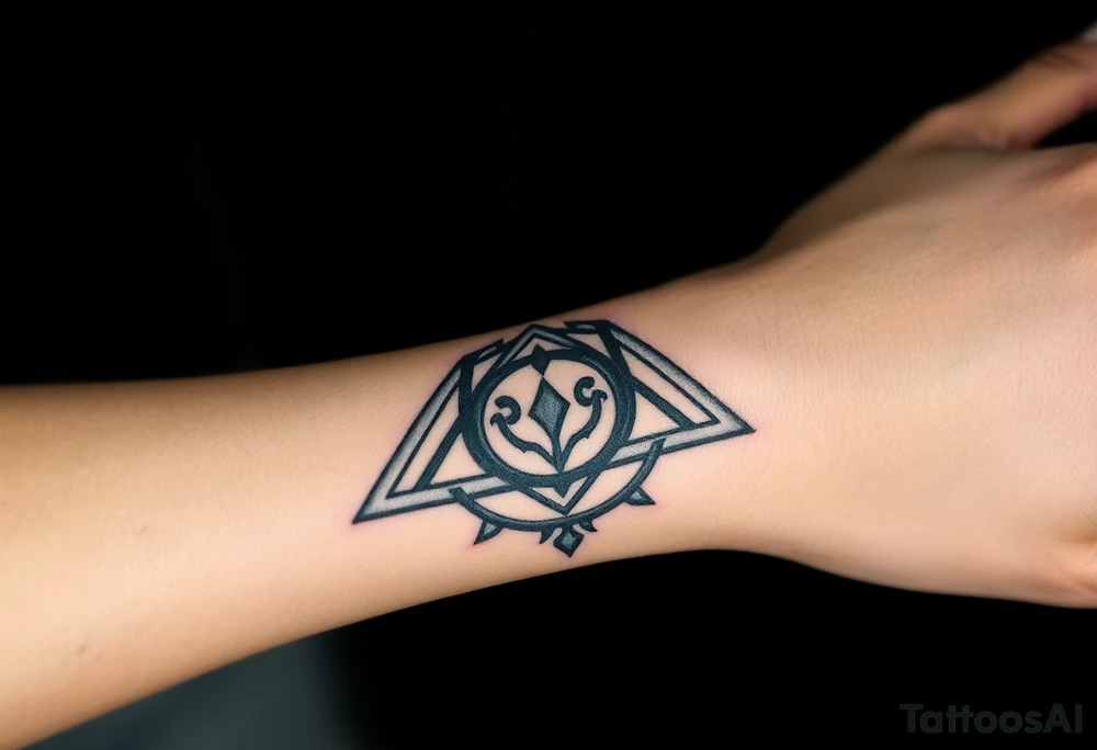 A gothic-style Deathly Hallows symbol, merged with the Dark Mark in an ominous fusion tattoo idea