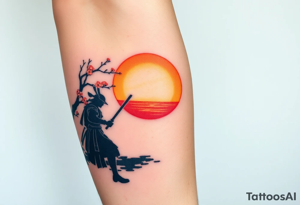 noble samurai warrior silhouette at sunset with cherry blossoms tattoo idea