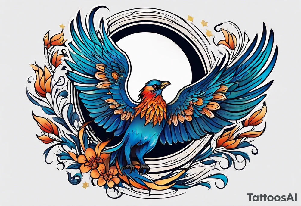 phoenix sur une lune bleu tattoo idea