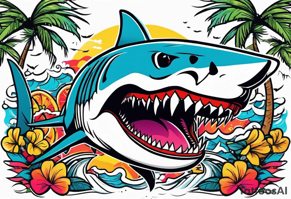 Great white shark, palm trees, money signs tattoo idea