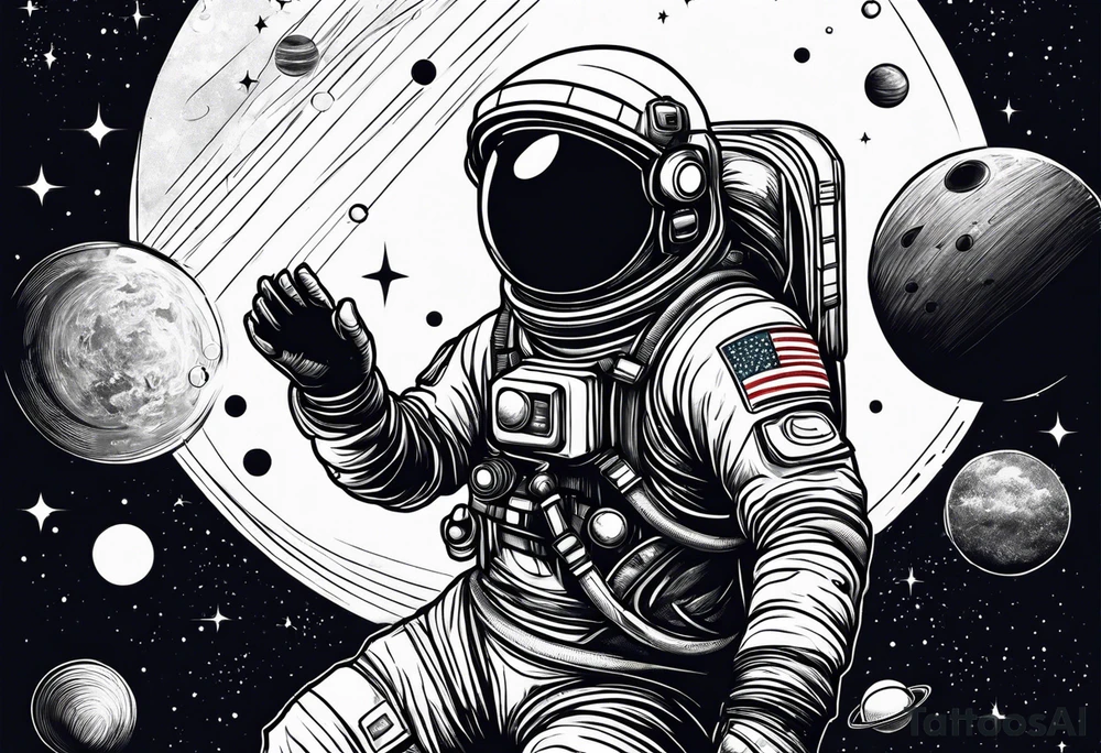 An astronaut floating in space with planets around him tattoo idea