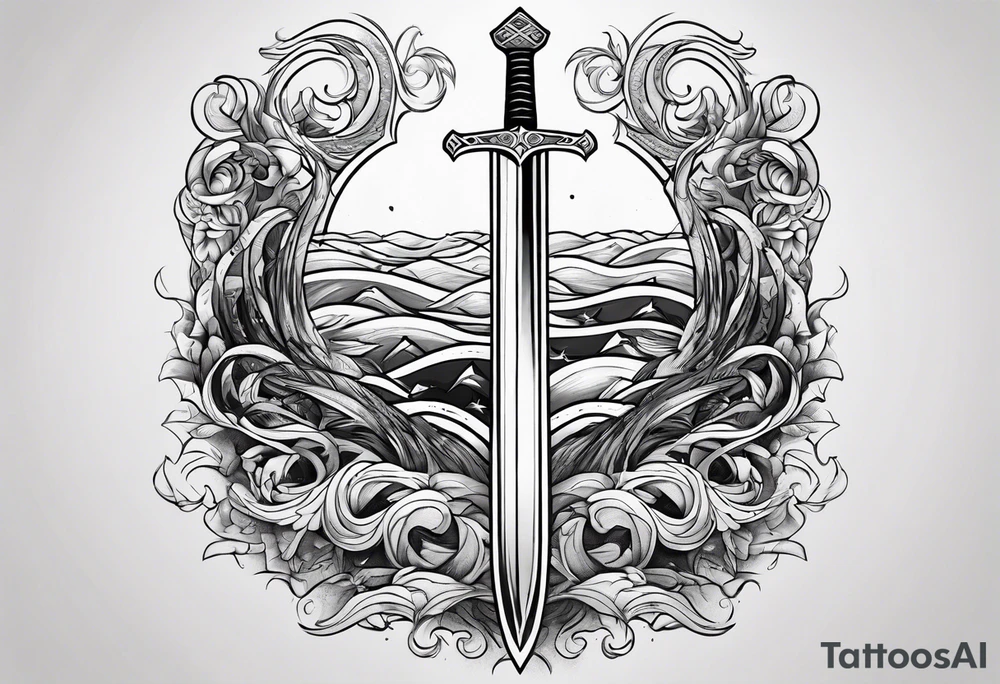sword, wave, lightnin tattoo idea