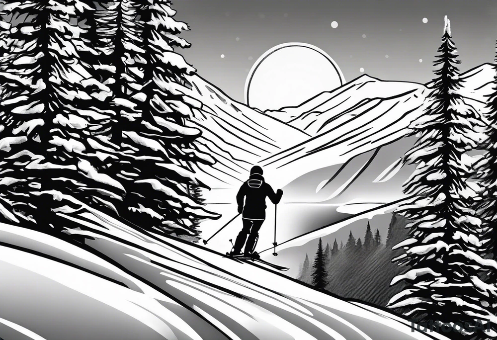 snow skier in distance coming down mountain with large trees and bi bright sun with lake at the bottom tattoo idea
