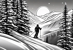 snow skier in distance coming down mountain with large trees and bi bright sun with lake at the bottom tattoo idea
