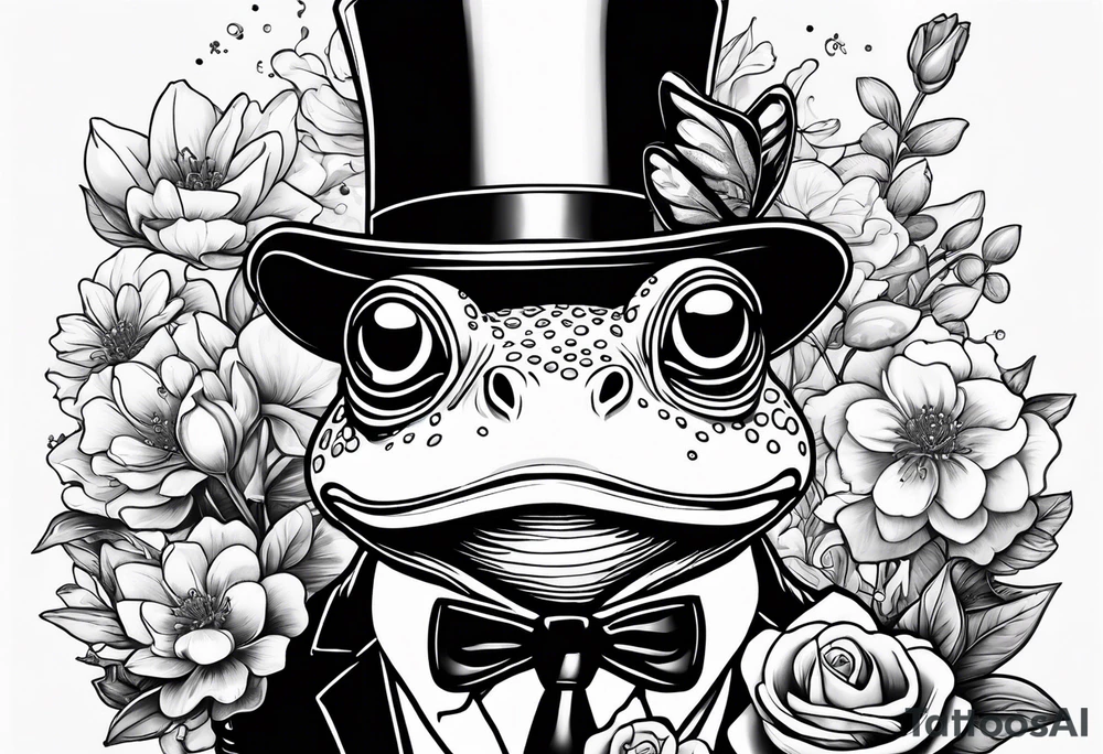 Cute Frog wearing top hat and a suit standing on its Back legs while holding flowers tattoo idea