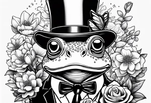 Cute Frog wearing top hat and a suit standing on its Back legs while holding flowers tattoo idea