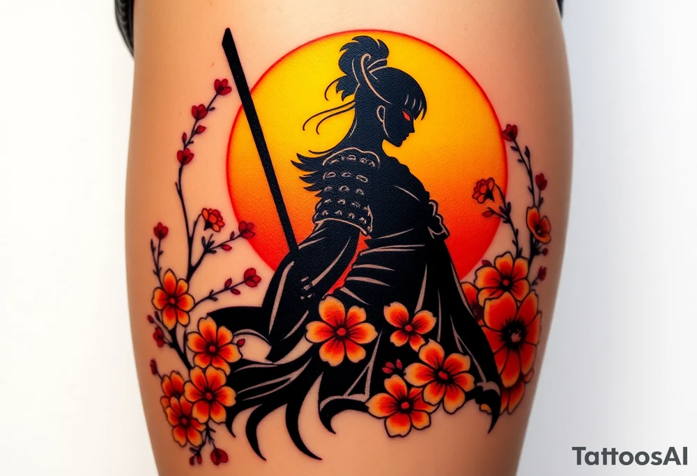 noble female samurai warrior silhouette at sunset with flowers, yellows and reds tattoo idea