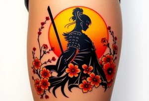 noble female samurai warrior silhouette at sunset with flowers, yellows and reds tattoo idea