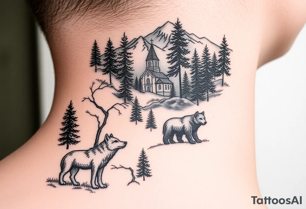 Nature/Landscape

Wolves in a pine forest (extending the tree line you already have)
A Russian bear emerging from the treeline
Snow-capped mountains behind the church scene tattoo idea