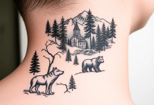 Nature/Landscape

Wolves in a pine forest (extending the tree line you already have)
A Russian bear emerging from the treeline
Snow-capped mountains behind the church scene tattoo idea