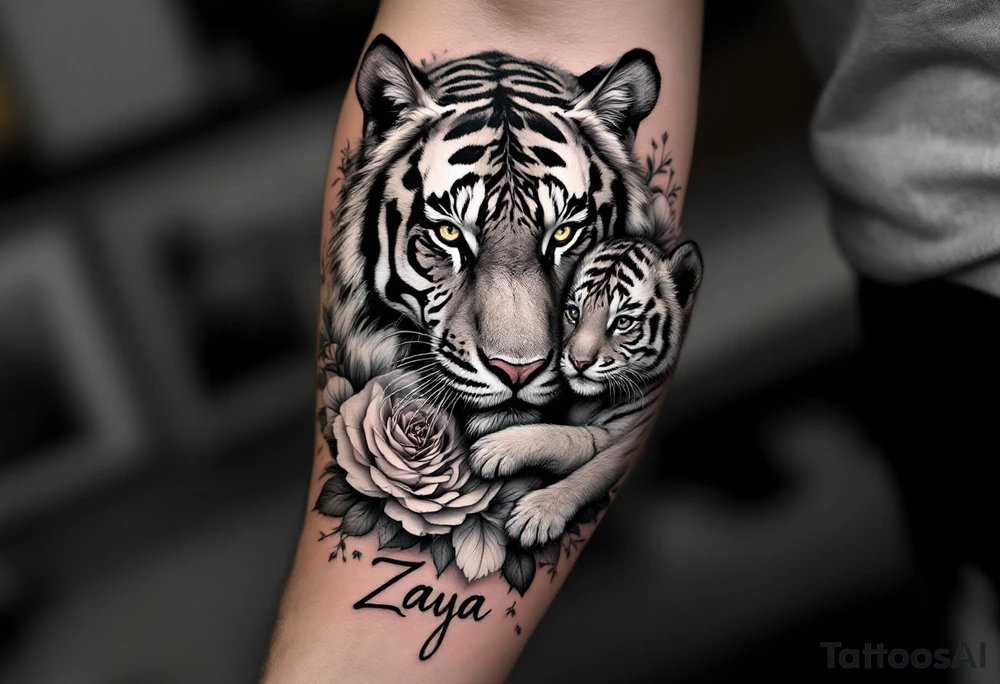 Beautiful, strong and fierce adult female tiger and her cub surrounded by roses and flowers with my daughters name “Zaya” half a sleeve on my arm tattoo idea