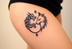 Ying yang symbol with one side a dragon and one side a wolf tattoo idea