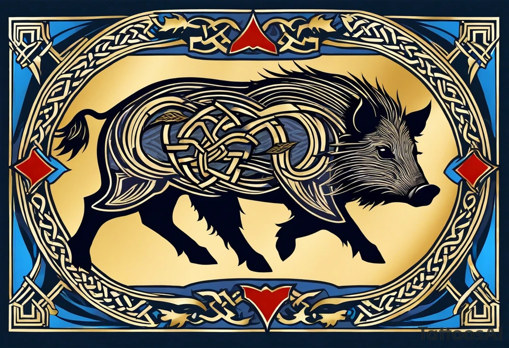 Side profile, Celtic, tribal, wild boar, On a Chatwin family crest with blue background, two gold stars, and a gold Chevron, and a Thistle. With bold black tribal lines. ancient Celtic, tribal boar tattoo idea