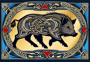 Side profile, Celtic, tribal, wild boar, On a Chatwin family crest with blue background, two gold stars, and a gold Chevron, and a Thistle. With bold black tribal lines. ancient Celtic, tribal boar tattoo idea