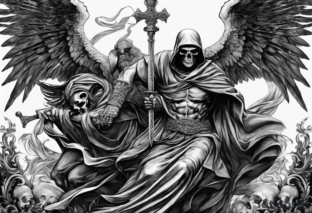 Thanatos and hypnos, 3 skull, sword, like greek statue tattoo idea