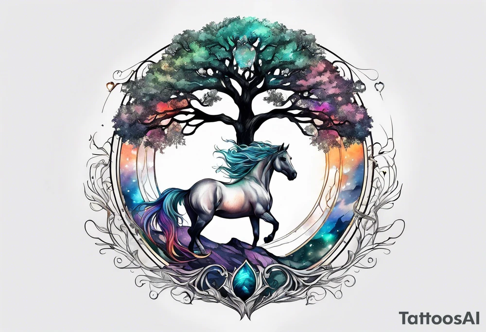 Realistic Horse and Yggdrasil tree tattoo idea