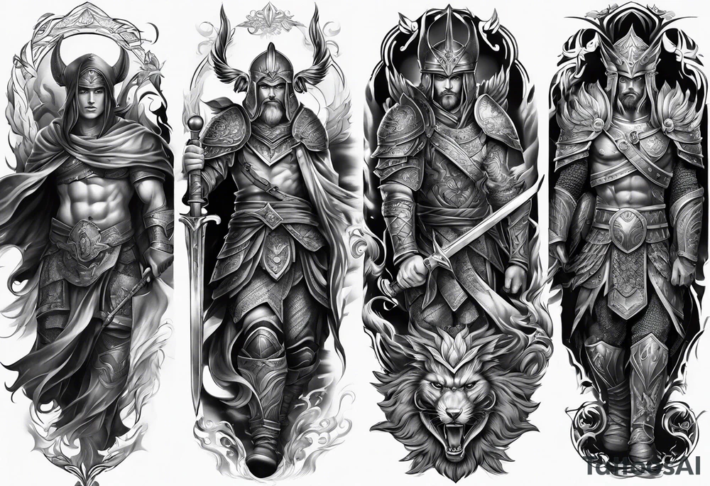 Leg sleeve tattoo of warriors from
Different eras tattoo idea