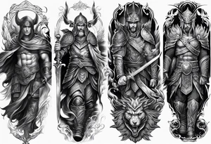 Leg sleeve tattoo of warriors from
 Different eras tattoo idea