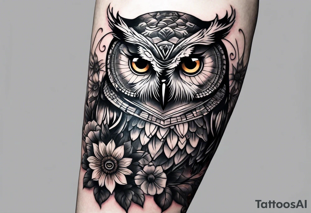 Sleeve with an owl, sunflower and butterfly tattoo idea