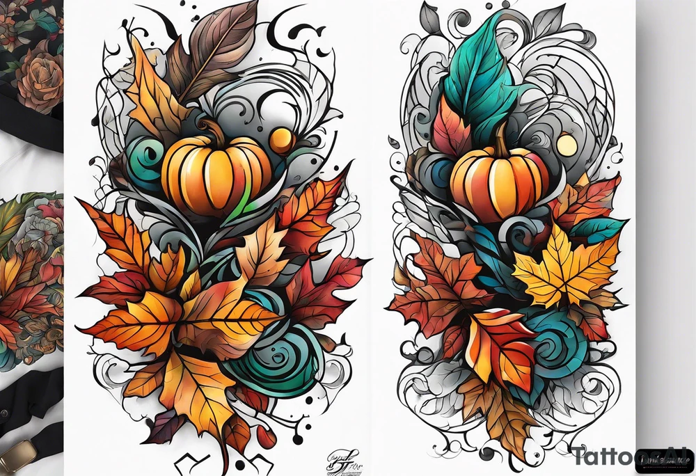 Arm Sleeve Tattoo with fall colors,  flattened tattoo idea