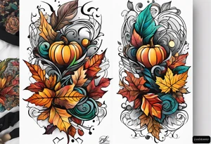 Arm Sleeve Tattoo with fall colors,  flattened tattoo idea