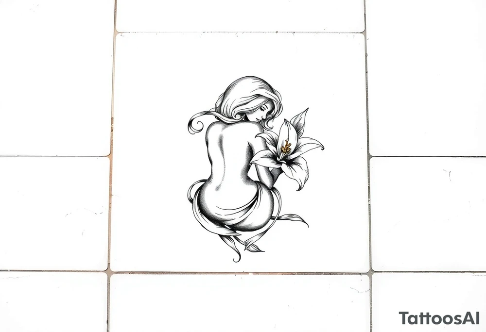 A simple tile floor. On top of the tile A curled figure with a lily next to her tattoo idea