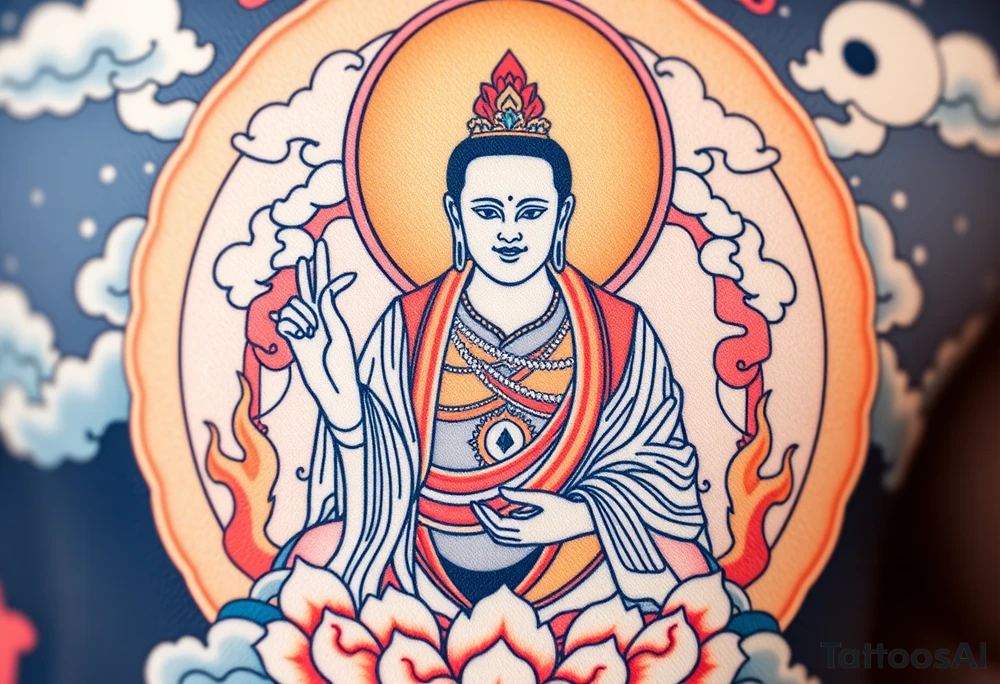 "Tibetan thangka tattoo with:  
1. DIGITAL DEITY:  
   - Central figure is a crypto wallet (QR-code face)  
   - Halo = Ethereum logo (геометрический узор)  
   - Hands in 'HODL' mudra (жест криптоадепта)  

2. TRADITIONAL ELEMENTS:  
   - Lotus throne → Server rack  
   - Clouds → Mining rig schematics  
   - Flames of wisdom → Binary code streams  

3. SECRET LAYERS:  
   - При ближайшем рассмотрении:  
     - QR ведёт на ранний рассказ Пелевина  
     - В узорах одежды спрятано '404 Nirvana Not Found'  
     - Мантра на свитке: 'To the Moon' на санскрите  

TECH SPECS:  
- Размер: 12x18cm (предплечье/спина)  
- Стиль: Нео-трайбл с элементами glitch art  
- Цвета: Чёрный + электрик-синий (только для QR) tattoo idea