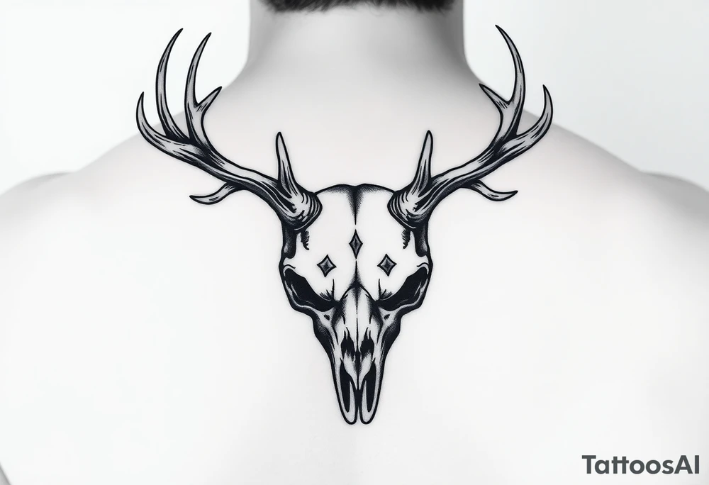 Gory skull with deer antlers tattoo idea