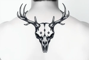 Gory skull with deer antlers tattoo idea