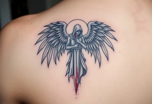 A ghostly angel figure holding a shattered sword, with faded wings in gray and deep blood red, surrounded by ghostly white mist. tattoo idea