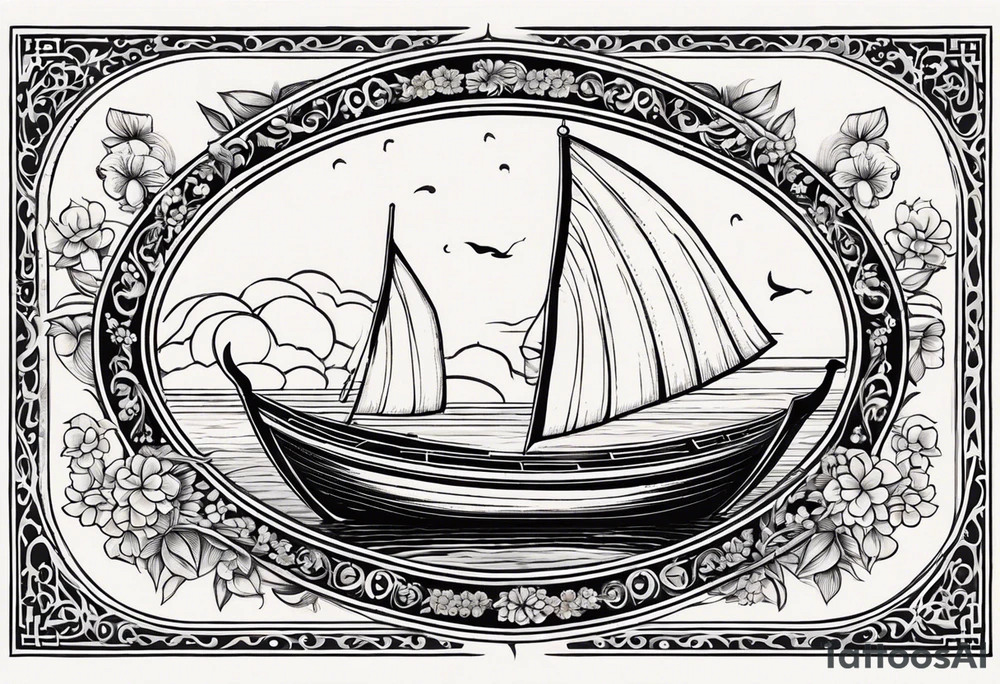 Create an oval-shaped frame with the text “Honeymoon” written in Thai inside the oval. At the center of the oval, place a traditional Thai long-tail boat decorated with flowers at its bow, as is customary. The boat should be floating on open water with gentle waves, and beneath the boat, include a swimming turtle. tattoo idea