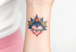 Female Geometric Volcano tattoo erupting in a heart with text Avery Gray. Maple leaf incorporated tattoo idea