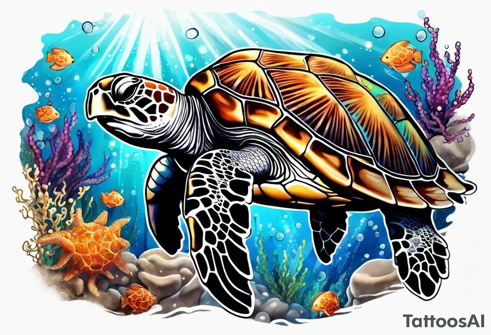 sea turtle swimming with jelly fish and among star fish tattoo idea