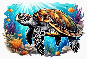 sea turtle swimming with jelly fish and among star fish tattoo idea