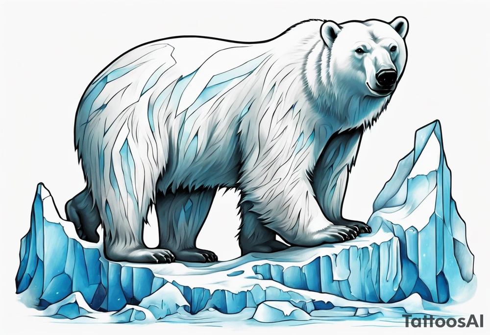 arm tattoo of polar bear and ice berg and relevant nature make colors primary black and white with a little blue tattoo idea