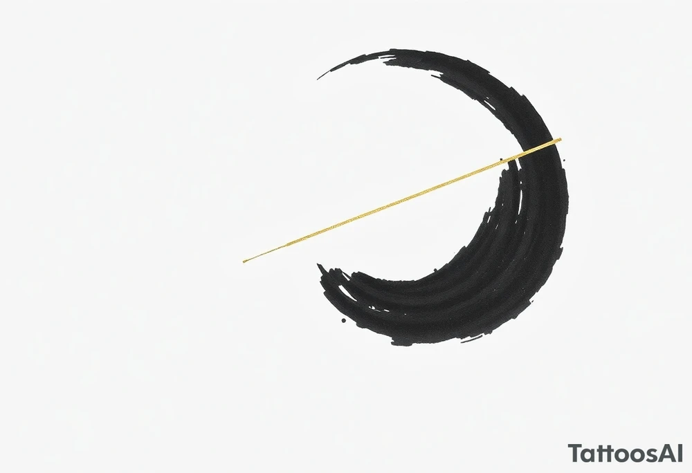 A minimalist Japanese‑inspired tattoo design of a hand‑painted Zen ensō circle, drawn with a single rough black ink brushstroke. The circle is slightly imperfect, with visible dry‑brush texture and an intentional small gap on the right side to symbolize openness and incompleteness. Running diagonally across the circle is a single elegant kintsugi crack, as if the circle were made of ceramic that has broken and been repaired with gold. The gold line is thin where it begins at the lower left of the circle and gradually becomes thicker and brighter as it moves toward the upper right, suggesting a personal journey from loss and struggle toward growth, responsibility, and meaning. Keep the overall composition very clean and uncluttered, with no extra symbols, no text, and no background, focusing only on the expressive brushstroke circle and the single golden crack. Design it as a black and gray linework tattoo with a subtle metallic gold effect on the kintsugi line, suitable for a medium‑sized placement on the inner forearm. tattoo idea