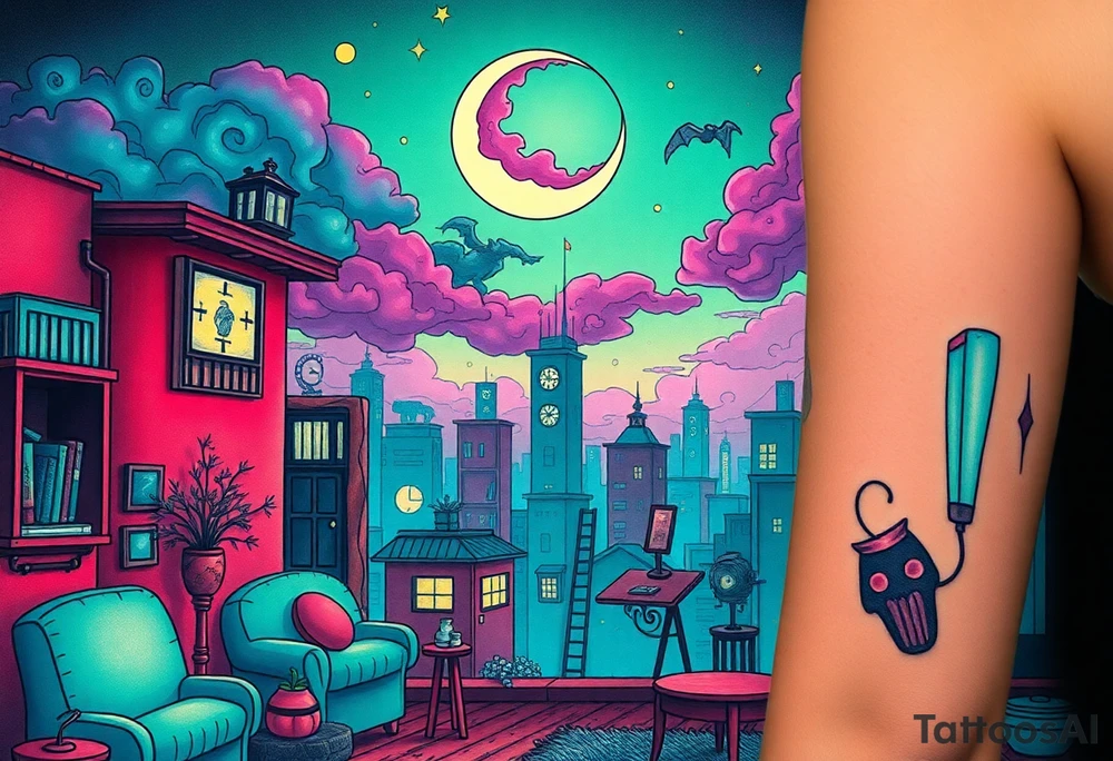 Tim Burton’s haunted pastel Tokyo apartment and dripping with muted reds, dusty pinks, and eerie green glow.purple and cyan smokey clouds swirl in the crescent moonlit sky thats sprinkled with stars tattoo idea tattoo idea