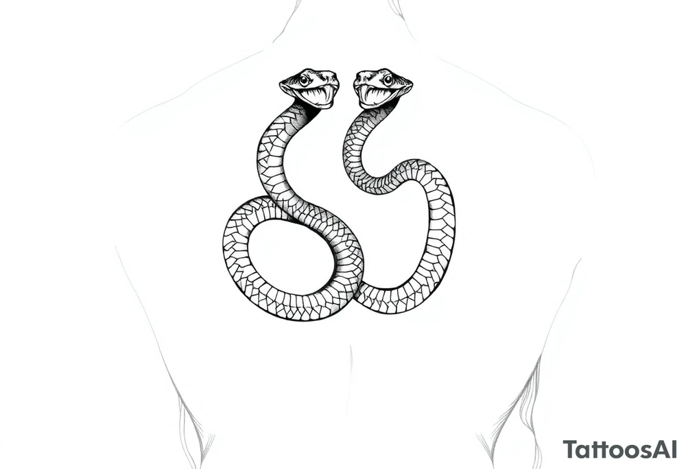 Id like a back tattoo with two snakes.  The illustration should be minimal with "skin-break."  I'd like the tails to be intertwined to accentuate my upper buttocks/upper butt crack, and Id like the snakes to moving upwards to the upper back, with the heads stopping just under my shoulder blades.  Almost like a "V shape" but very organic, like a symmetrical winding road.  Id like the tattoo to be sexy and accentuate my back to make my waist look small.  Black and white. Minimal.  Fine line. Please use a male body type. tattoo idea