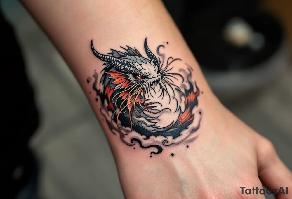 A fantasy hybrid catfish with long whiskers resembling tendrils, crimson and smoky gray scales, and finned horns, swirling through stylized clouds and mist. tattoo idea