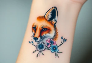 adult fox with blue jewelry smelling wild flowers tattoo idea