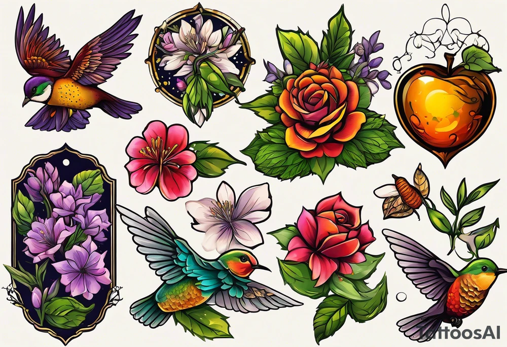 Hops, Rosemary, Thyme, Sage, Juniper, Corn, Wheat, Rose, Sunflower, Cherry blossom, Apple blossom, Honeycomb, Maple leaves, Violet/primrose, Carrot, Cherry, Apple/apple core, Acorns

Hawk, Lightbulb, Hummingbird tattoo idea