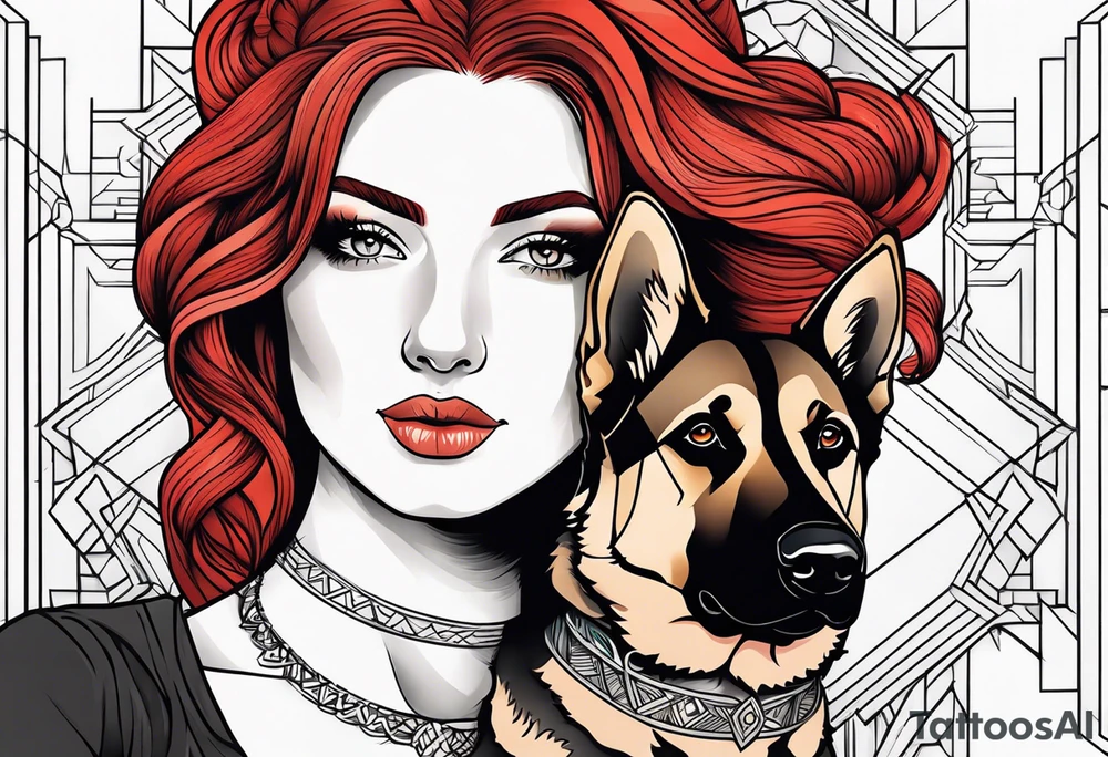 red hair woman with German shepherd dog tattoo idea