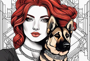 red hair woman with German shepherd dog tattoo idea