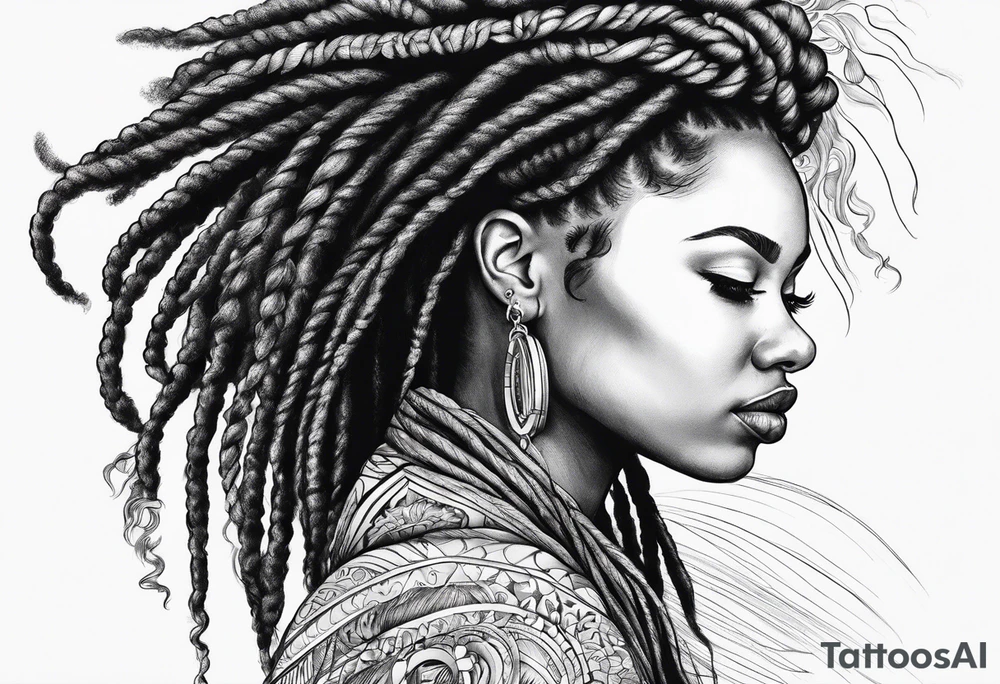 Draw a women head with real dread locks flying in the air, tattoo idea