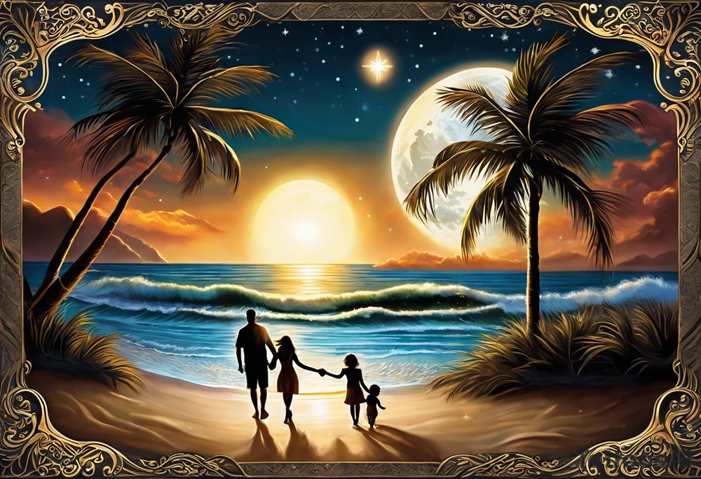 Create a stunning image of a realistic tattoo design that features a husband and wife holding hands, accompanied by their two children, walking along a beautiful beach. The moon shines radiantly in the night sky, illuminating the serene scene. Let your creativity flourish as you envision the intricate details that bring this tattoo to life, encapsulating the essence of love, family, and the awe-inspiring beauty of nature. tattoo idea