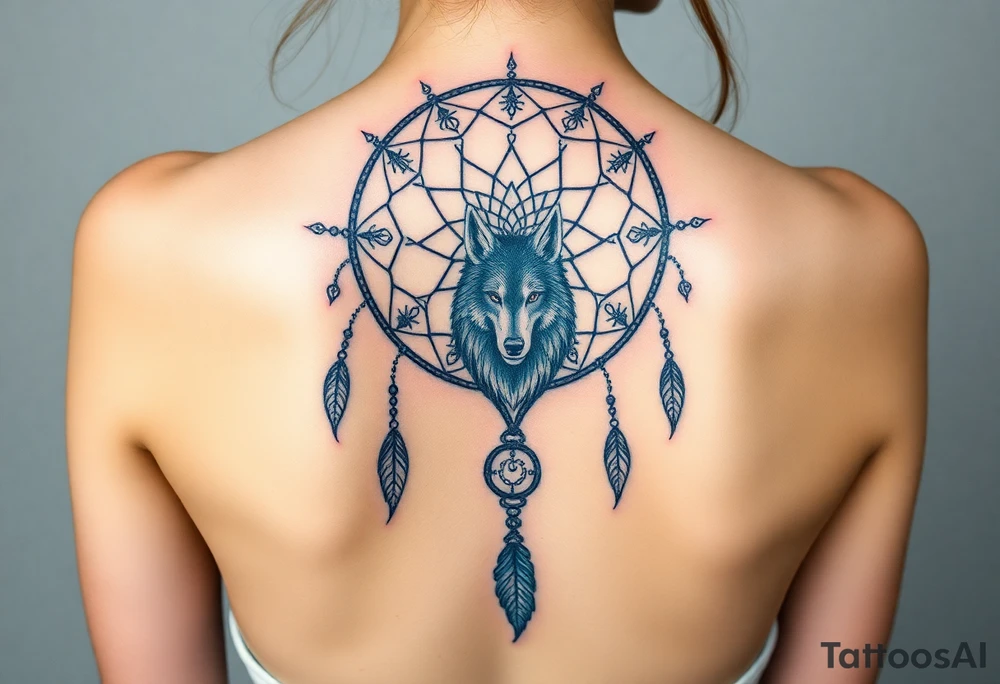 Dreamcatcher with zodiac symbols and protection runes caught in it with wolf teal tattoo idea